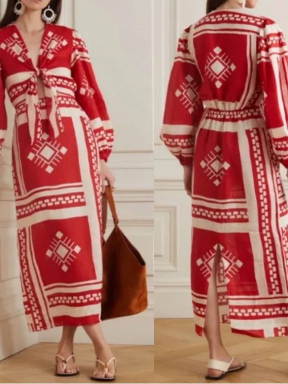 Caroline Constas Dress Sun Goddess Modi Front Tie in Red Cream